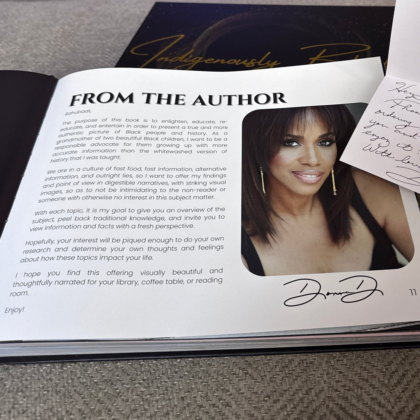 Book with a photo of a woman on the cover, open to a page titled 'From the Author' in a casual setting.